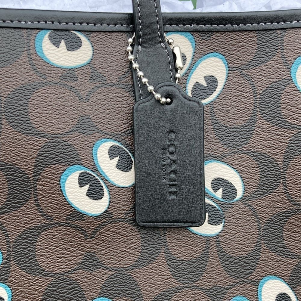 COACH City Tote In Signature Canvas Halloween Ghost Eyes Leather Tote Bag Purse - Picture 5 of 5